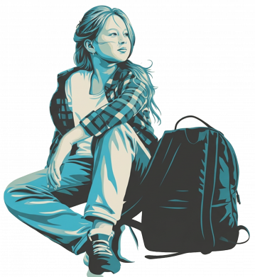 Jugendliche mit Rucksack auf dem Boden sitzend